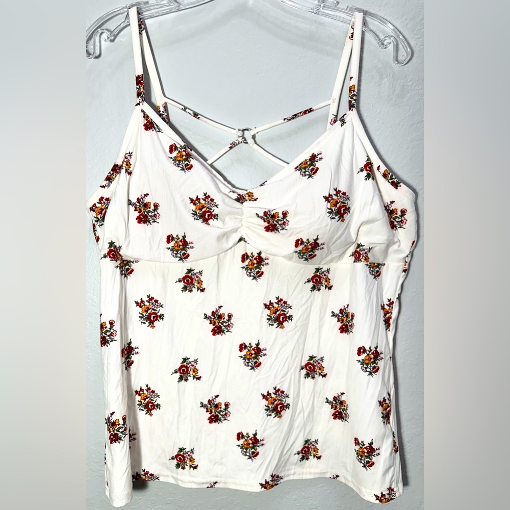 NEW Junior Plus Sz XXL Cream & Floral Spaghetti Strap Tank Top Crisscross Back